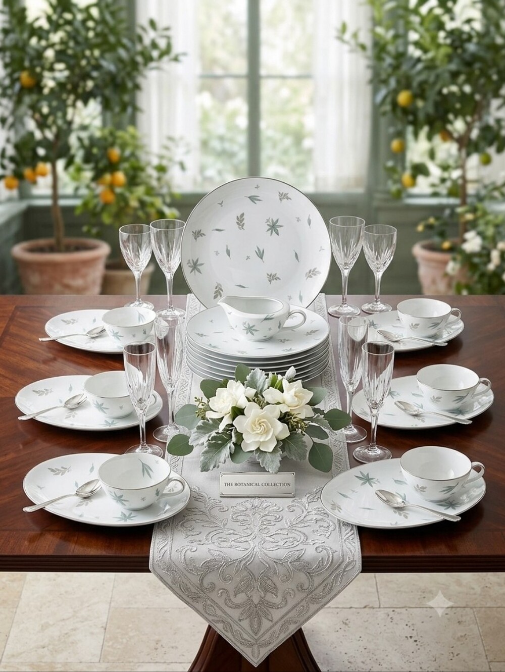 Noritake  Automne White Dinnerware Set with Soft Sage Leaf Pattern